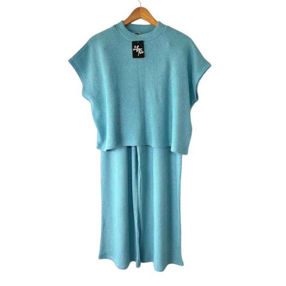 Zenana Women Medium Dusty Teal Waffle Knit 2 Piece Lounge Set Crop Top Wide Pant